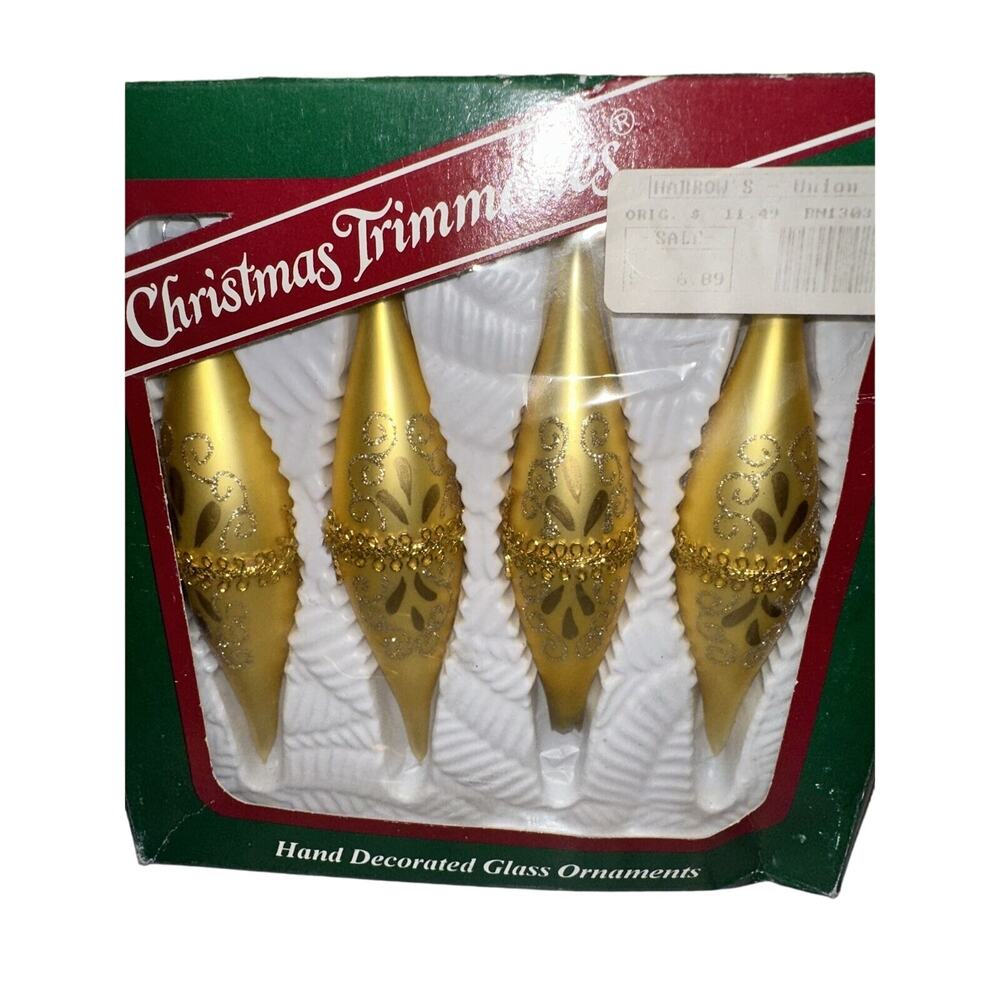 Vntg Bradford Novelty Christmas Trimmeries Long Icicle Glass Ornament Box Gold